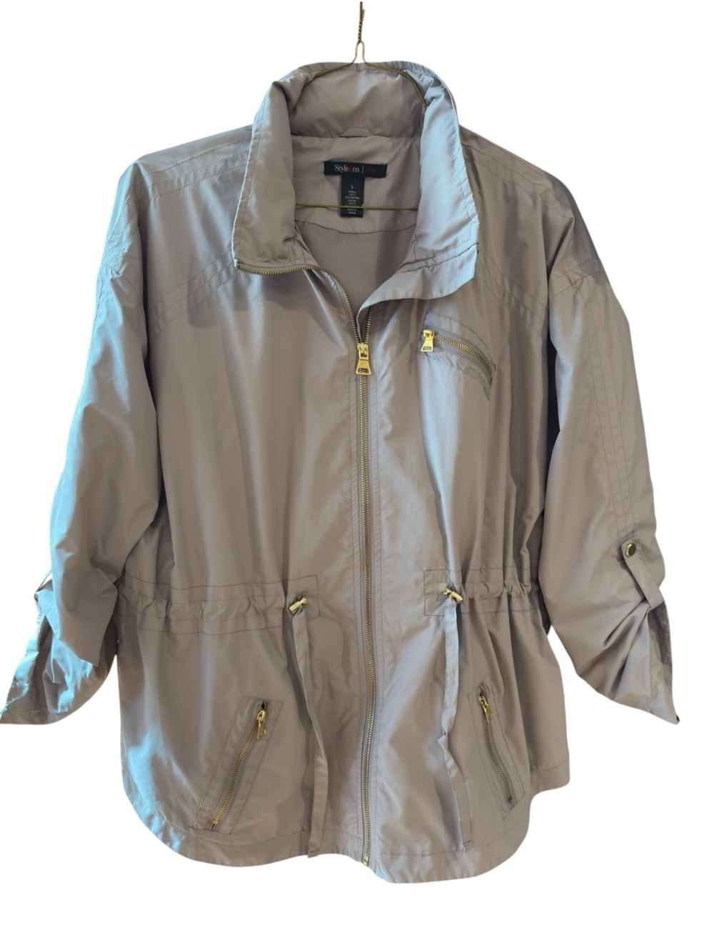 Style & Company Hooded Lightweight Beige Zip-Front Windbreaker Rain Jacket L